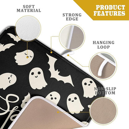 Halloween Dish Drying Mat for Kitchen Counter 16x18 Cute Ghost Black Spooky Holiday Scary Theme Absorbent Reversible Microfiber Drying Mats Kitchen Countertop Protector Dishes Drainer Pad