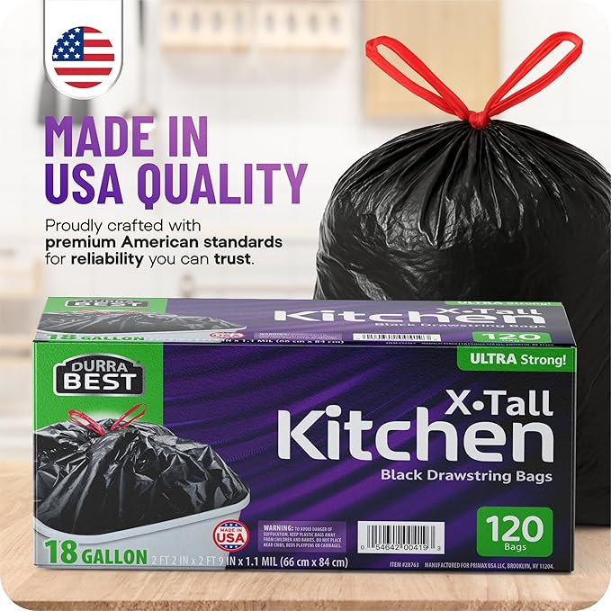 Heavy-Duty Trash Bags – 120 count, 18 Gallon Black, Ultra Thick Drawstring Garbage Bags – Leak-Resistant for Home & Commercial Use, Big Trash Bags, Made in USA