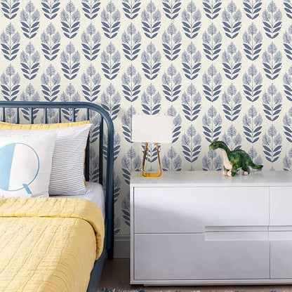 Naphite Tulip Floral Peel and Stick Wallpaper Vintage Leaf Boho Contact Paper for Cabinets Neutral Self Adhesive Wallpaper for Bedroom Bathroom Waterproof Farmhouse Wall Decor Navy 17.3inW 78.7inL