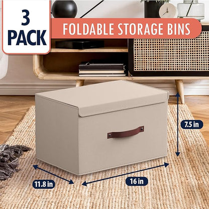 Ornavo Home 3 Pack Collapsible Storage Bins with Lid, Foldable Linen Fabric Shelf Storage Basket Closet Organizer and Large Storage Box for Clothes with Leather Handles, 16.5 x 11.8 x 7.5, Beige