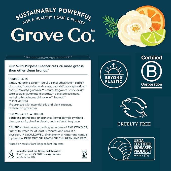 Grove Co. Multi-Purpose Cleaner, Refill Concentrate (6 x 1 Fl Oz) Plant-based Household Cleaning Supplies, Ammonia & Chlorine Free, No Plastic Waste, 3 Scent Variety Pack, Total 3 x 2 Pack Refills
