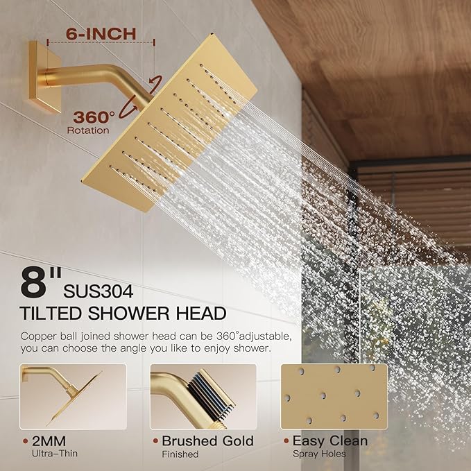 Gold Shower System, Shower Faucet Set with 3 In 1 Push Button Valve, Shower Faucet included 10" Ceiling Shower Head and 8" Wall-Mount Shower Head with Handheld Spray, Brushed Gold