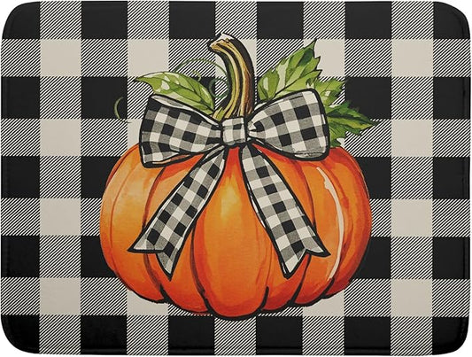 Fall Thanksgiving Pumpkin Dish Drying Mat for Kitchen Counter 18x24 Autumn Buffalo Plaid Bowknot Print Absorbent Reversible Microfiber Drying Mats Kitchen Countertop Protector Dishes Drainer Pad