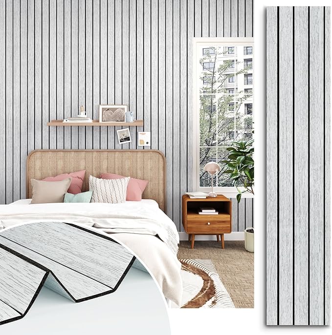 White/Grey Wood Panels for Wall Peel and Stick 3D Wood Slat Wall Panels 197"x 23.6" Self Adhesive Foam Wooden Walls Panel Removable Bcoustic Wooden Wallpaper for Bedroom Studio Bathroom