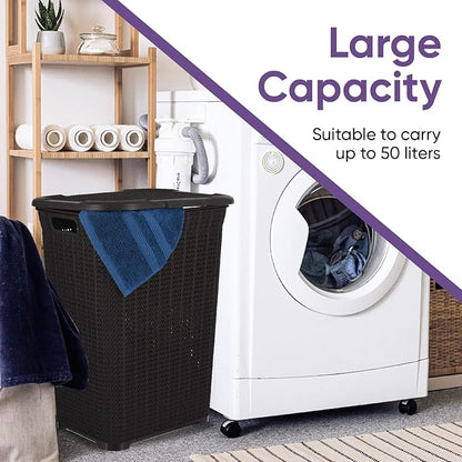 Plastic Laundry Hamper with Lid, Knit Designed Laundry Hamper Basket, 50 Liter Brown Cloths Hamper Organizer with Cut-out Handles. Space Saving for Laundry Room Bedroom Bathroom.