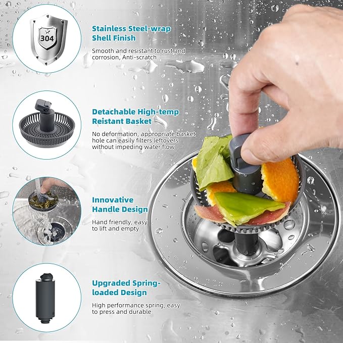 Hibbent 2 Pack 3 in 1 Kitchen Sink Drain Strainer, Stainless Steel Wrapped Shell Drain Stopper Combo, Pop Up Sink Stopper, Anti-Clogging Strainer with Foldable Handle for US Standard 3-1/2" Drain