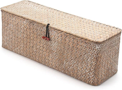 Whitewash Seagrass Tank Basket with Lid Woven Toilet Roll Storage Basket with Sections Rectangular for Organize Snack Toys (Large Compartment 16.5inch L x 5.5inch W x 5.5inch H)