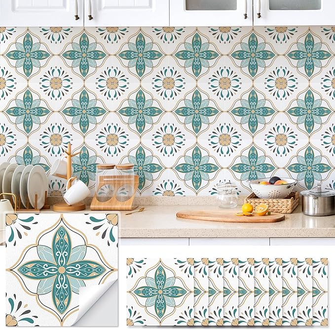 AM AMAONM 10pcs 20x20cm Removable Square Vintage Floral Pattern Tile Stickers 3D Decorative Peel and Stick Vinyl Self Adhesive Wall Tiles Decor Decals for Kitchen Backsplash Bathroom Furniture (C)