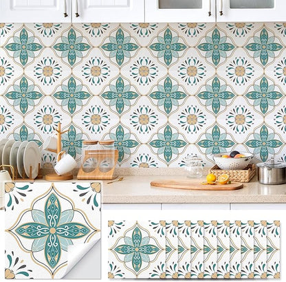 AM AMAONM 10pcs 20x20cm Removable Square Vintage Floral Pattern Tile Stickers 3D Decorative Peel and Stick Vinyl Self Adhesive Wall Tiles Decor Decals for Kitchen Backsplash Bathroom Furniture (C)