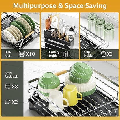 Epicano Dish Drying Rack for Kitchen Counter,Space-Saving Dish Rack,Rustproof Dish Drainer with Utensil Holder and Knife Slots for Sink,Kitchen Drying Rack with Wooden Handle and Cup Holder, Silver