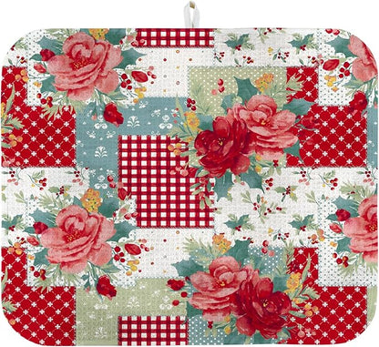 Dish Drying Mat for Kitchen Counter 18x24 Inch, Super Absorbent Dish Drainer Mat, Decorative Microfiber Dishes Drying Pad-Large(Red Flower)