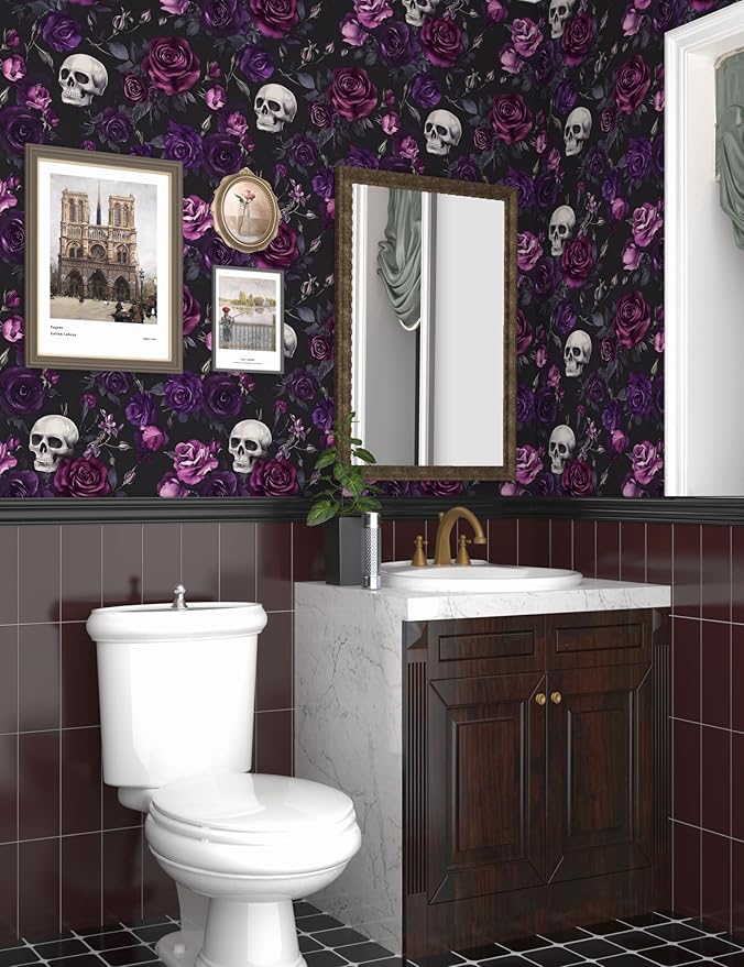 Fvlow Black Floral Wallpaper Peel and Stick 17.4" x 118" Gothic Floral Vintage Sugar Skull Contact Paper Removable Self Adhesive Waterproof Covering for Cabinet Drawers Home Decor