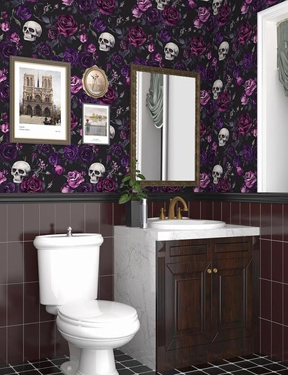 Fvlow Black Floral Wallpaper Peel and Stick 17.4" x 118" Gothic Floral Vintage Sugar Skull Contact Paper Removable Self Adhesive Waterproof Covering for Cabinet Drawers Home Decor
