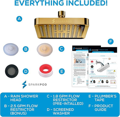 SparkPod Shower Head - High Pressure Rain - Premium Quality Luxury Design - Easy Clean Adjustable Replacement for Your Bathroom Shower Heads (Egyptian Gold, 6 Inch Square)