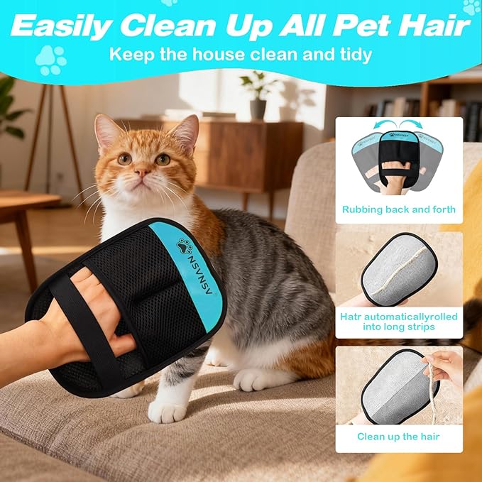 NSVNSV Upgraded Pet Hair Removal Gloves for Cats Dogs, Reusable Strong Grooming Gloves, Pet Hair Remover Tool for Clothing, Couch, Bed, Carpet, Car Seat, Blue, 2pcs