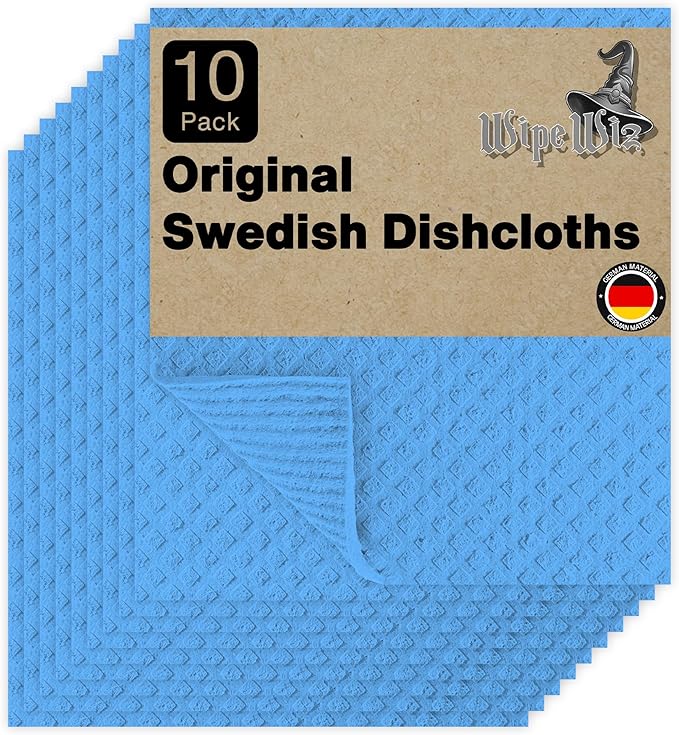 Swedish DishCloths - 10 Pack (Blue), (German Material) Reusable Cellulose Sponge Cloth for Kitchen - Household, Highly Absorbent, No-Odor Dishcloth