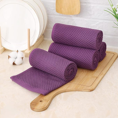 Kitinjoy 100% Cotton Waffle Weave Kitchen Hand Towels (13 x 28 Inches, Violet), 4-Pack Super Soft and Absorbent Dish Towels for Drying Dishes