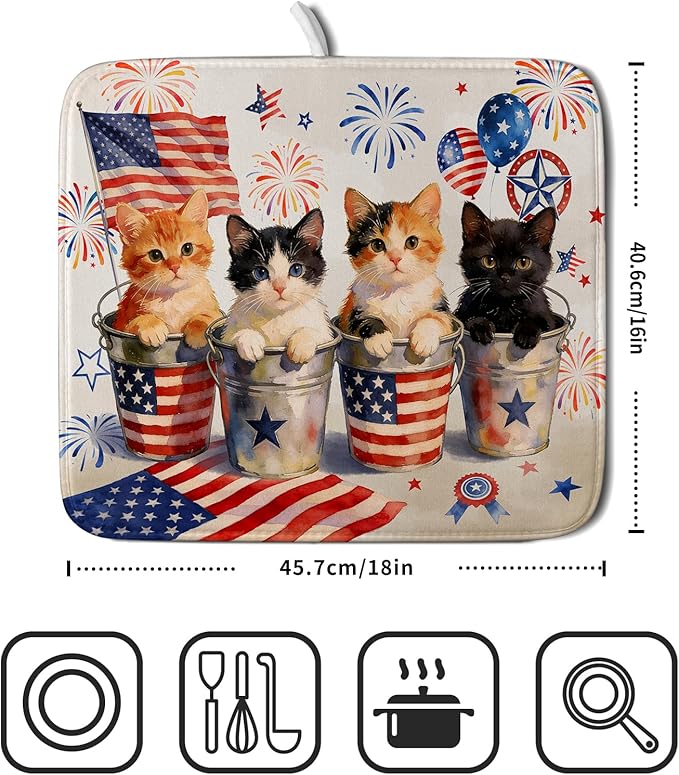 Happy 4th of July Patriotic Dish Drying Mat 16 x 18 In Independence Day Vintage Kitchen Drying Mat