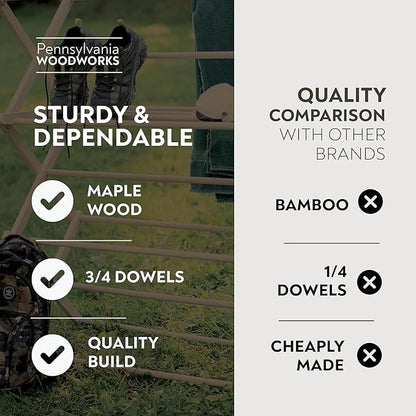 Pennsylvania Woodworks Premium American Maple Clothes Drying Rack - Handcrafted in Pennsylvania - Solid Wood Construction, Collapsible, Eco-Friendly Laundry Solution (Large)