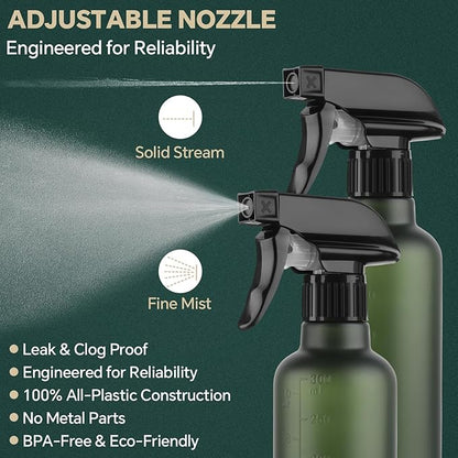 Leakproof Spray Bottles (2 Pack 10 oz), Adjustable Fine Mist & Jet Stream Nozzle, Premium BPA-Free Frosted Plastic Multi-Purpose for Hair, Plants, Cleaning (2 PACK CLEAR)