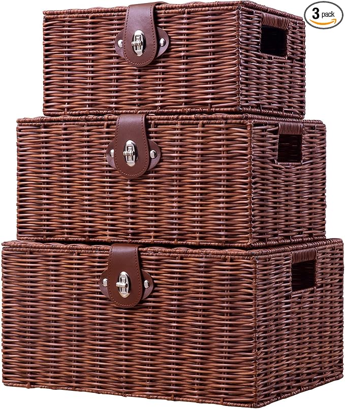 Set of 3 Woven Wicker Storage Basket Box with Lids & Lock, Built-in Carry Handles, Multifunctional Storage Organizer for Nursery, Baby, Clothes, Toys, Books, Large/Medium/Small Size (Natural)