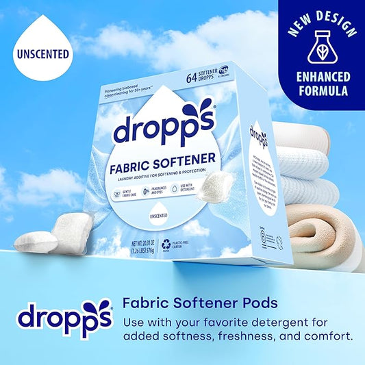 Dropps Fabric Softener Pods, Unscented (64 Count) - Free & Clear | Laundry Softener For Soft & Fluffy Fabrics | Liquid Softener & Dryer Sheet Alternative | Clean Ingredients | Plastic Free Packaging