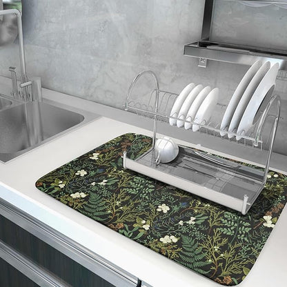 Black Sage Green Plant Dish Drying Pad 18 x 24 Inch with Absorbent Reversible Microfiber Vintage Botanical Fern Leaves Floral Drying Mats For Kitchen Counter Dining Room Decoration