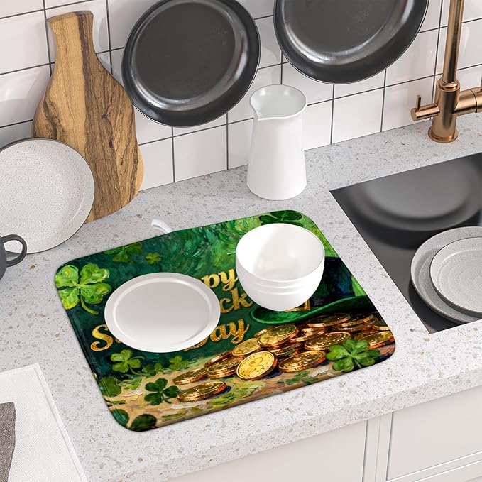 St Patrick's Day Dish Drying Mat for Kitchen Counter 16x18 Gold Green Lucky Clover Hat Coin Happy Holiday Absorbent Reversible Microfiber Drying Mats Kitchen Countertop Protector Dishes Drainer Pad