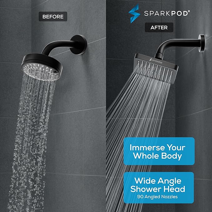 SparkPod Shower Head - High Pressure Rain - Premium Quality Luxury Design - Easy Clean Adjustable Replacement for Your Bathroom Shower Heads (Midnight Black Matte, 6 Inch Square)