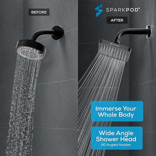 SparkPod Shower Head - High Pressure Rain - Premium Quality Luxury Design - Easy Clean Adjustable Replacement for Your Bathroom Shower Heads (Midnight Black Matte, 6 Inch Square)