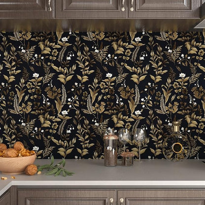 Extra Long Dark Navy Vintage Floral Wallpaper 17.5In x 393In Boho Peelable Contact Paper Botanical Wall Paper Waterproof Stick on Backsplash Bedroom Cabinet Drawer Deep Blue Yellow Gold