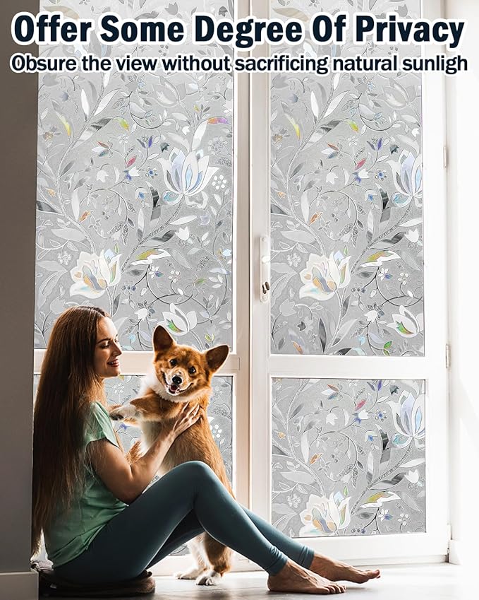 Frosted Tulip Patterned Window Privacy Film with Installation Tools, Stained Glass Decorative Film, Removable, Peep-Proof, Static Cling (29.5 x 157.5 Inch)