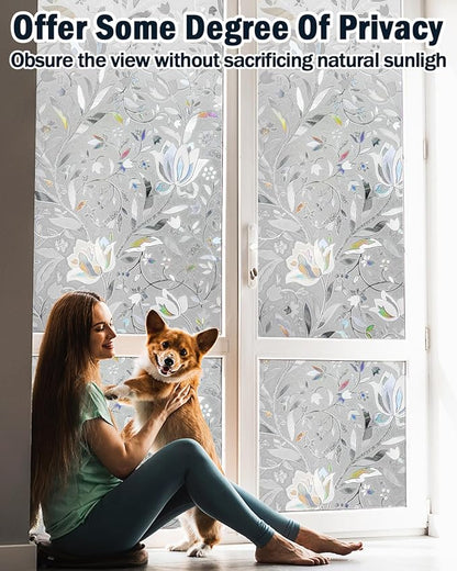Frosted Tulip Patterned Window Privacy Film with Installation Tools, Stained Glass Decorative Film, Removable, Peep-Proof, Static Cling (29.5 x 157.5 Inch)