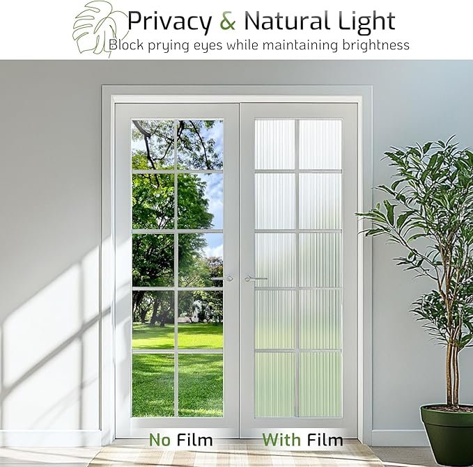 LUTE Reeded Glass Window Privacy Film, Frosted Glass Film, Removable 3D Decorative Decals Sun Blocking Anti UV Door Window Cover, No Glue Static Cling Vinyl for Bathroom Home Office, 35.4" x 118.1"