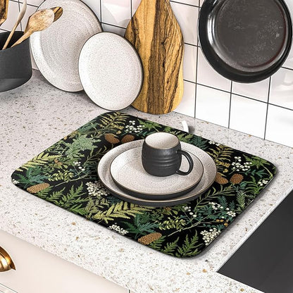 Green Plant Fern Leaves Floral Dish Drying Pad 16 x 18 Inch With Absorbent Reversible Microfiber Black Flower Botanical Leaf Vintage Drying Mats Dish Drainer Mat Fast Dry For Kitchen Dining Room