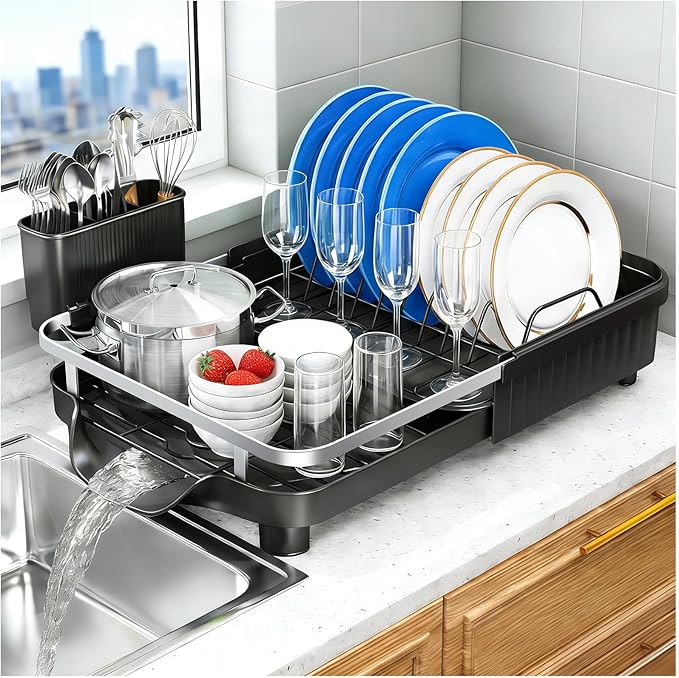 Kmiectse Dish Drying Rack – Expandable Dish Rack for Kitchen Counter, Stainless Steel Dish Drainer with Utensil Holder, Black