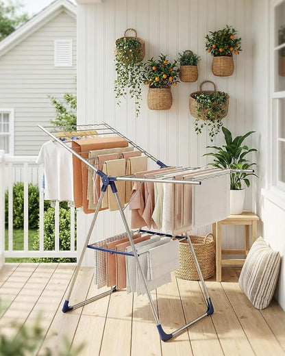 Clothes Drying Rack with Height-Adjustable Wings, Metal Foldable Laundry Dryer Stand for Clothing & Bedding, Free-Standing Collapsible for Indoor & Outdoor Use, 55.5" L × 22.8" W, Silver Blue