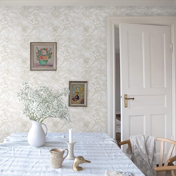 Ismoon Large Floral Peel and Stick Wallpaper Boho Beige/Coffee Contact Paper 17.3inx32.8ft Modern Wall Paper Removable Self Adhesive Bedroom Cabinet Bathroom Waterproof Mural Wall Decor Vinyl Roll