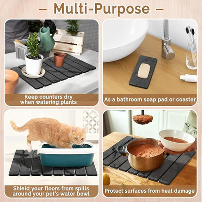 2 PCS Stone Dish Drying Mat for Kitchen Counter,Quick Dry Stone Dishes Mats,Marbled Water Absorbing Diatomaceous Earth Drying Pad for Countertop Bottles Utensils Cups（Dark Gray 20"×14" & 8"x4"）