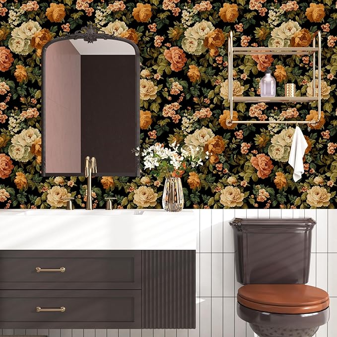 Fvlow Vintage Wallpaper Wildflower Peel and Stick 17.4" x 118" Peony Floral Contact Paper Waterproof Renter Friendly Covering for Bedroom Bathroom Green/White/Pink