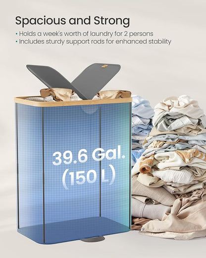 SONGMICS Laundry Hamper with Lids, Laundry Basket with 2 Compartments, 39 Gal. (150 L), Removable Liner Bag, for Laundry Room, Bedroom, Living Room, Slate Gray and Light Bamboo ULCB523G01
