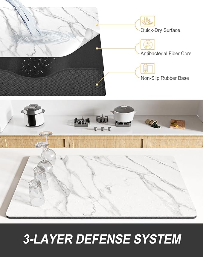 Rnivvi Dish Drying Mat for Kitchen Counter, XL 15 x 24" Cute Marble Super Absorbent Draining Pad, Non-Slip Heat Resistant Coffee Bar Mats for Coffee Machine Station Accessories, White Dish Rack Pad
