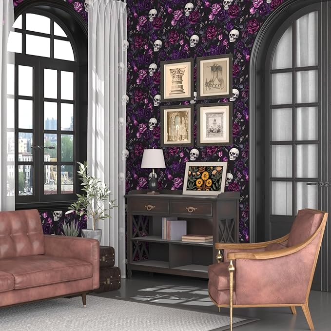 Fvlow Black Floral Wallpaper Peel and Stick 17.4" x 118" Gothic Floral Vintage Sugar Skull Contact Paper Removable Self Adhesive Waterproof Covering for Cabinet Drawers Home Decor