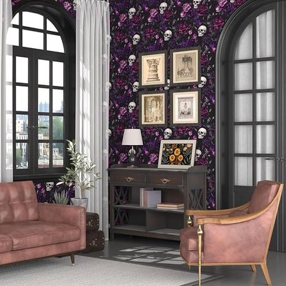 Fvlow Black Floral Wallpaper Peel and Stick 17.4" x 118" Gothic Floral Vintage Sugar Skull Contact Paper Removable Self Adhesive Waterproof Covering for Cabinet Drawers Home Decor
