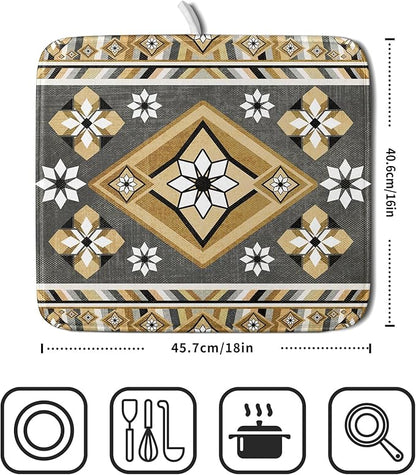 Boho Yellow Gray Aztec Dish Drying Mat for Kitchen Counter,Native American Tribal Aztec Ethnic Boho Style Drying Mat 16 x 18 Inch Microfiber Dish Drying Pad Dish Rack Pad Drainer Mat for Coffee Bar