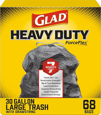 Glad Trash Bags, ForceFlex Large Garbage Bags ‚ 30 Gallon Black Trash Bag ‚ 68 Count (Package May Vary)