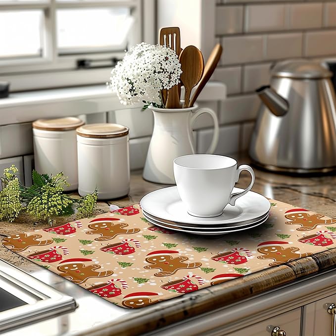 Cute Gingerbread Man Xmas Dish Drying Mat, Absorbent Dish Pad, 18x24 inch