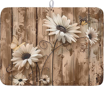 Summer Daisy Flowers Dish Drying Mat for Kitchen Counter 18x24 Inch Rustic Daisy Absorbent Dish Drying Mat Wood Microfiber Reversible Drying Pad Dish Drainer Mat for Countertops Tableware Decor