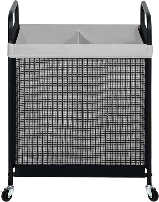 STO STO Laundry Hamper 2 Section, 100L Rolling Laundry Sorter Cart with Removable and Washable Liner Bag, Clothes Hamper with Wheels and Metal Handle for Laundry Room and Bedroom, Gray