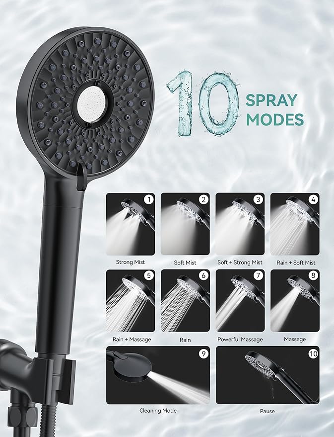 Magichome Filtered Shower Head with Handheld, High Pressure 10-Spd Detachable Chrome Showerhead with Stainless Hose, Water Softener Filter Beads for Hard Water - Remove Chlorine, Black